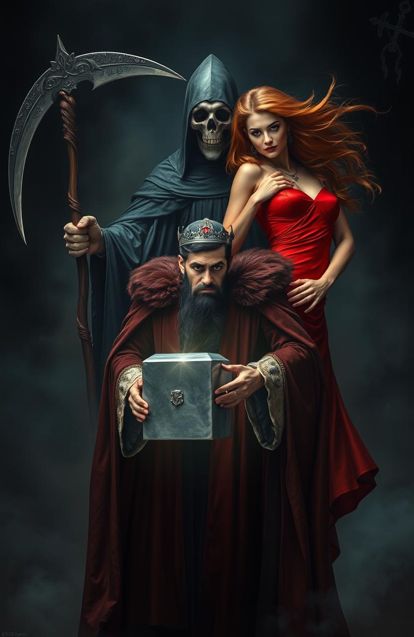 A scene depicting a king standing confidently in the foreground, holding a shiny silver cube