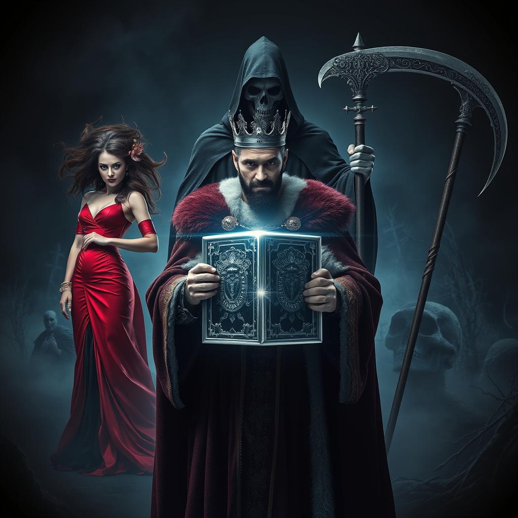 A striking scene featuring a king standing front and center, confidently gripping a brilliantly shiny silver cube