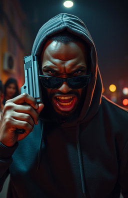 A furiously angry 38-year-old black man wearing a hooded sweatshirt, his face scarred and intense, holding a pistol against the side of his face
