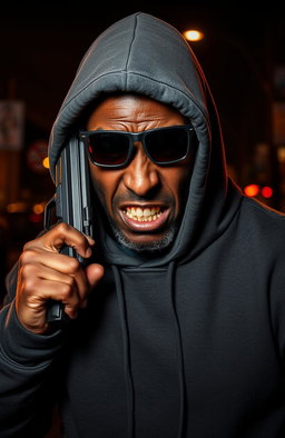 A furiously angry 38-year-old black man wearing a hooded sweatshirt, his face scarred and intense, holding a pistol against the side of his face