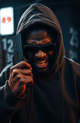 A furiously angry 38-year-old black man wearing a hooded sweatshirt, his face scarred and intense, holding a pistol against the side of his face