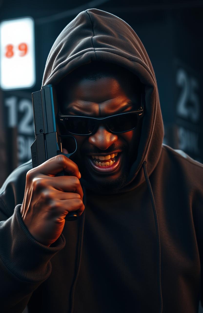 A furiously angry 38-year-old black man wearing a hooded sweatshirt, his face scarred and intense, holding a pistol against the side of his face