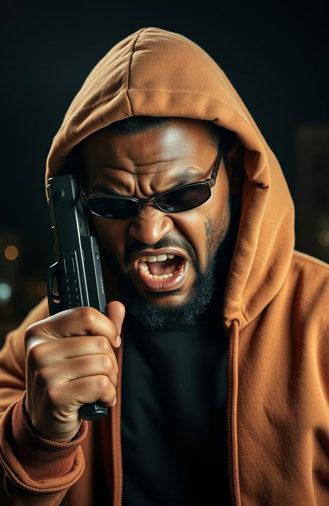 A furiously angry 38-year-old black man wearing a hooded sweatshirt, his face scarred and intense, holding a pistol against the side of his face