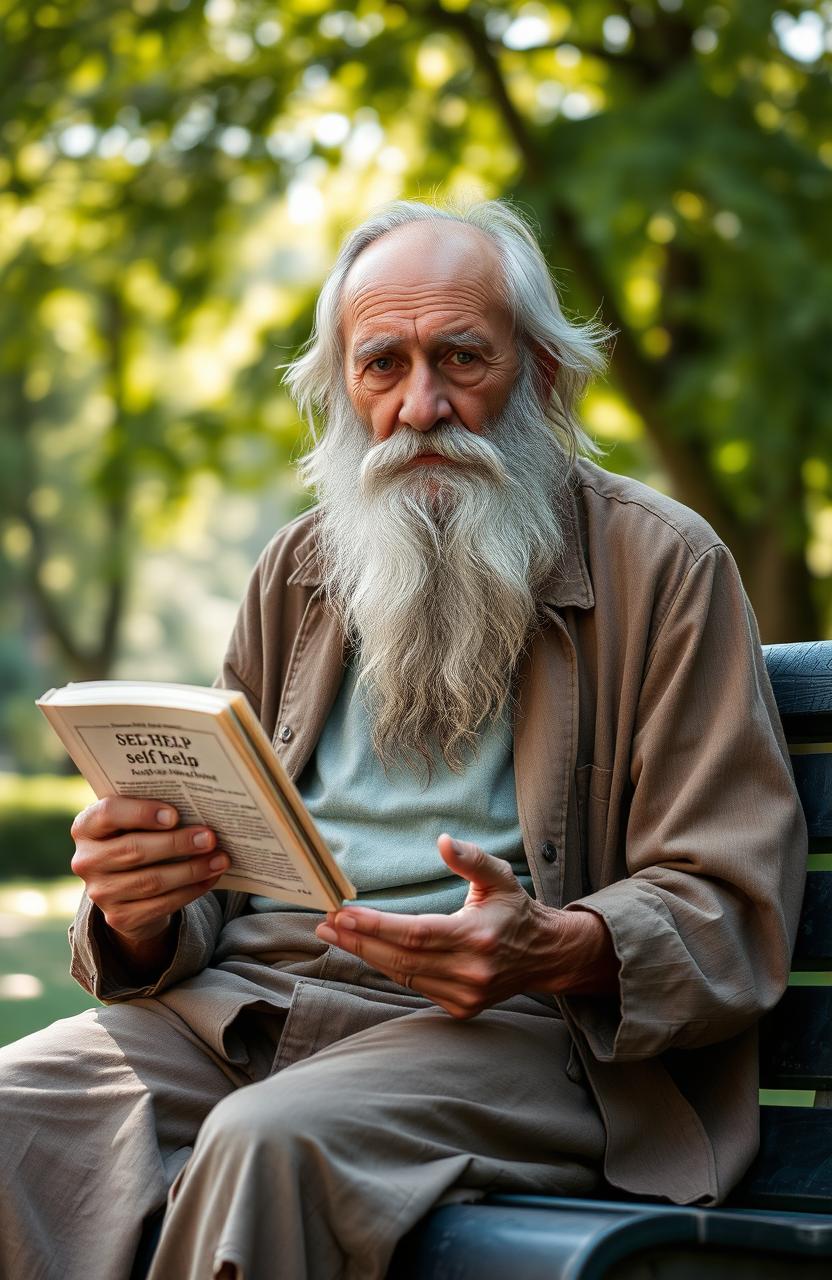An old, disheveled man with a long, unkempt beard, sitting on a park bench, holding a slightly tattered self-help book
