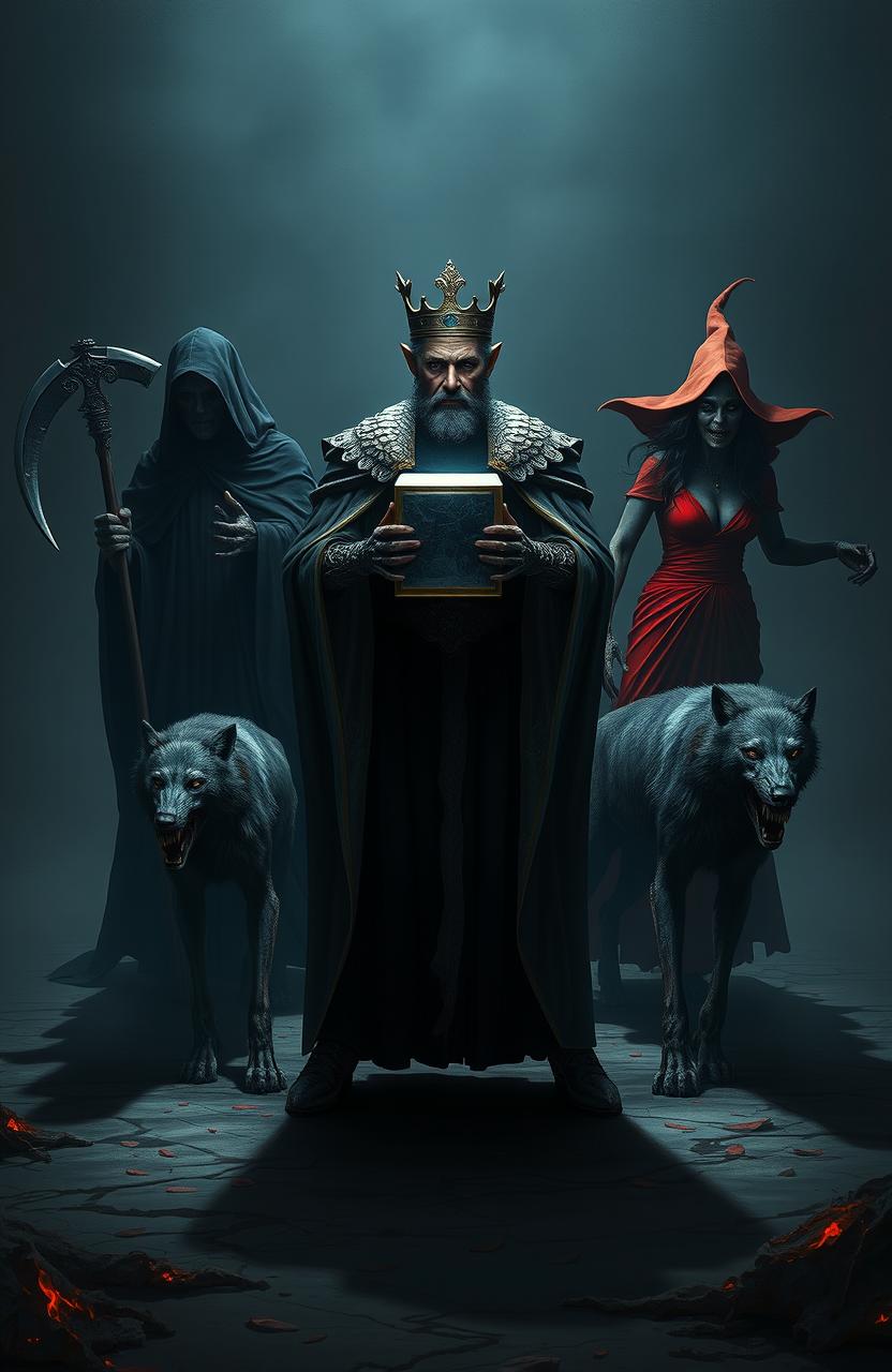 A king standing in the foreground, holding a shiny silver cube, set in a dark and ominous environment