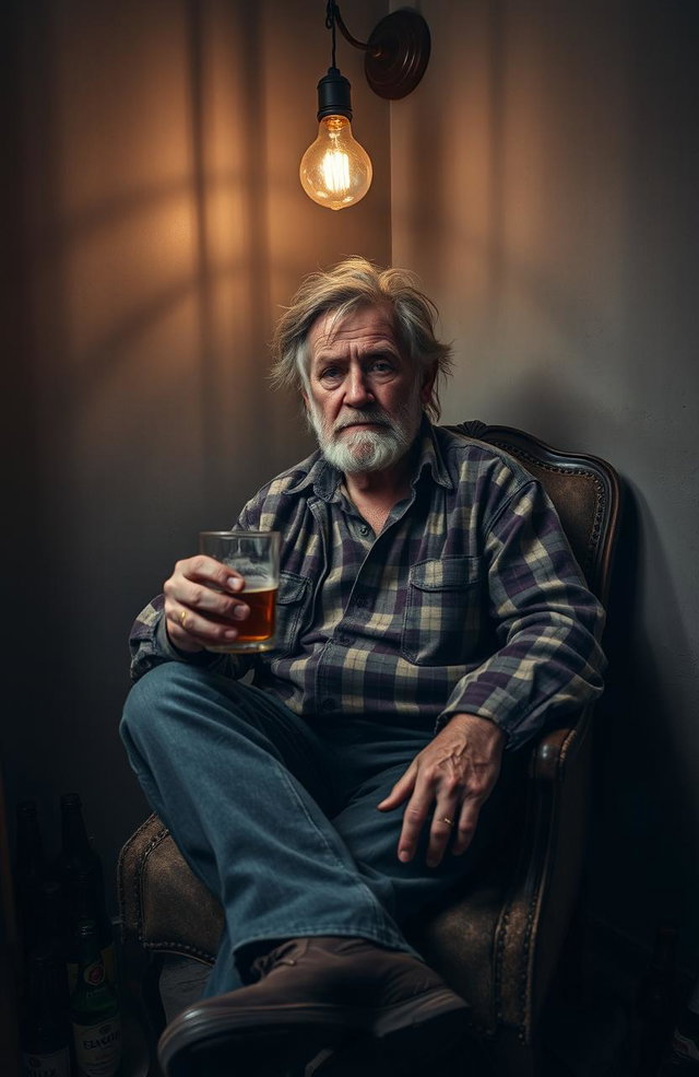 A weathered, elderly man sitting on a worn-out chair in a dimly lit room, surrounded by empty beer bottles and a half-filled glass in his hand