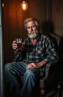 A weathered, elderly man sitting on a worn-out chair in a dimly lit room, surrounded by empty beer bottles and a half-filled glass in his hand