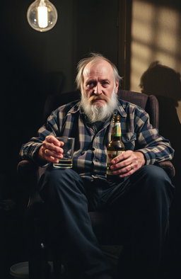A weathered, elderly man sitting on a worn-out chair in a dimly lit room, surrounded by empty beer bottles and a half-filled glass in his hand