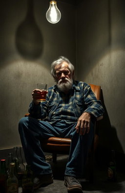 A weathered, elderly man sitting on a worn-out chair in a dimly lit room, surrounded by empty beer bottles and a half-filled glass in his hand