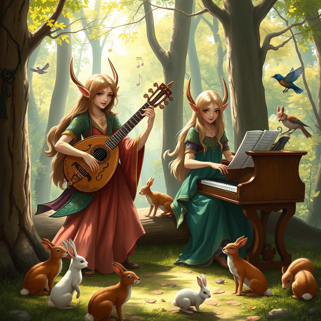 Two half-elf bards in an enchanting woodland setting, one playing a beautifully ornate lute, the other playing a small elegant piano