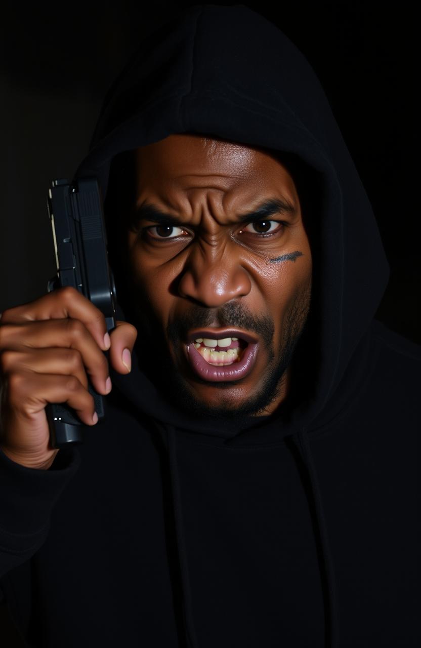A furiously angry 38-year-old black man wearing a dark sweatshirt with the hood pulled up, showcasing a deep scar under his left eye