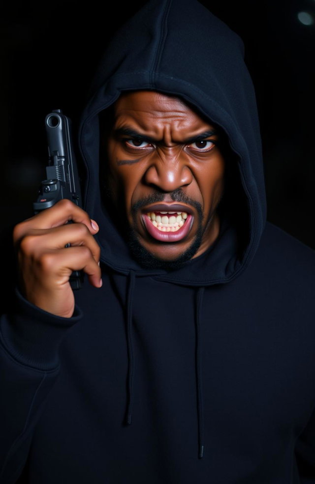 A furiously angry 38-year-old black man wearing a dark sweatshirt with the hood pulled up, showcasing a deep scar under his left eye