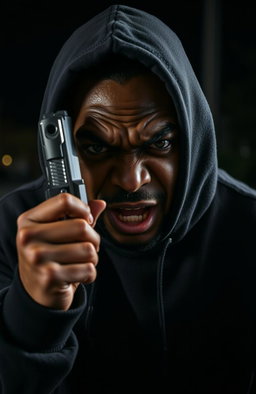 A furiously angry 38-year-old black man wearing a dark sweatshirt with the hood pulled up, showcasing a deep scar under his left eye