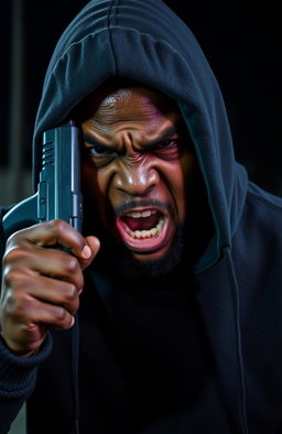 A furiously angry 38-year-old black man wearing a dark sweatshirt with the hood pulled up, showcasing a deep scar under his left eye