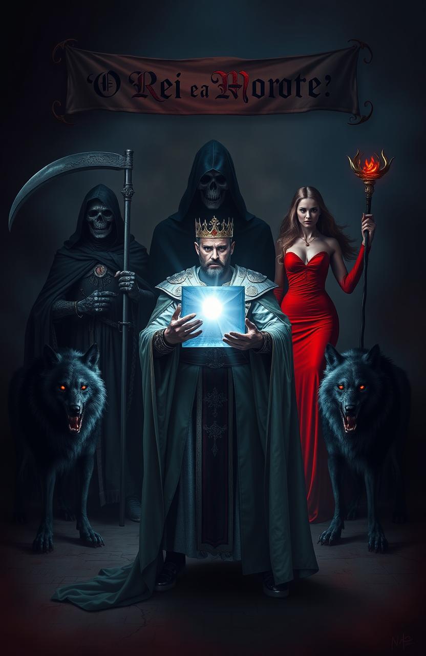 A king standing in front, holding a shiny silver cube with a radiant glow in a dark and atmospheric environment