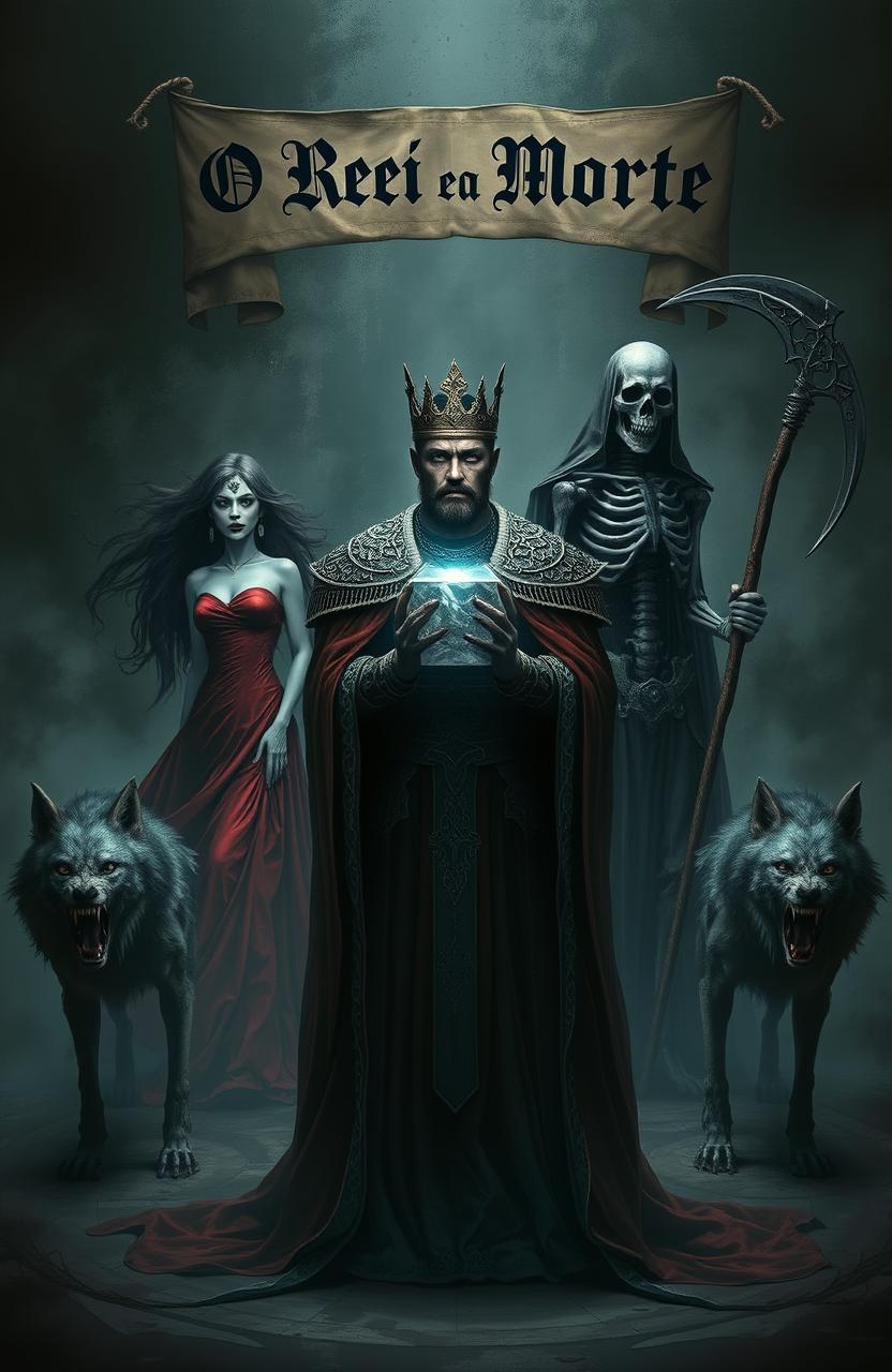 A dark and moody scene featuring a king standing in the foreground, holding a shiny, silver cube