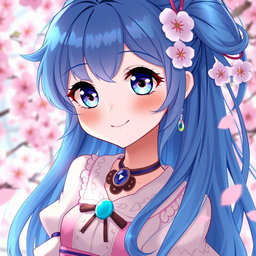 A captivating digital artwork featuring a blue-haired anime girl with large expressive eyes and an enchanting smile