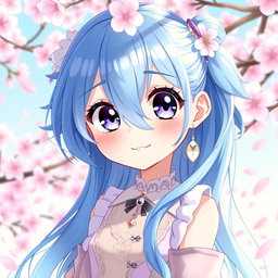A captivating digital artwork featuring a blue-haired anime girl with large expressive eyes and an enchanting smile
