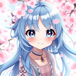 A captivating digital artwork featuring a blue-haired anime girl with large expressive eyes and an enchanting smile