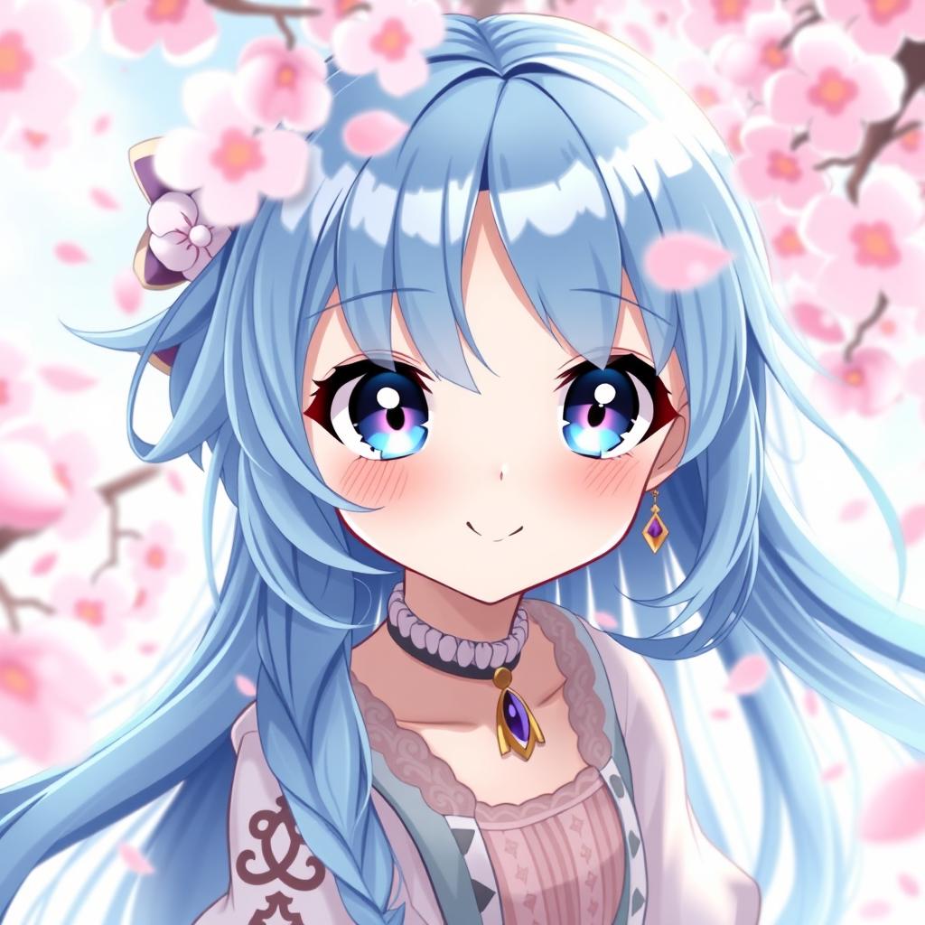 A captivating digital artwork featuring a blue-haired anime girl with large expressive eyes and an enchanting smile
