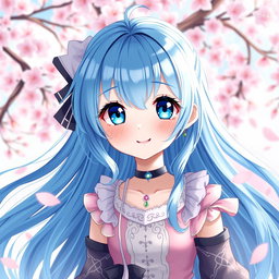 A captivating digital artwork featuring a blue-haired anime girl with large expressive eyes and an enchanting smile