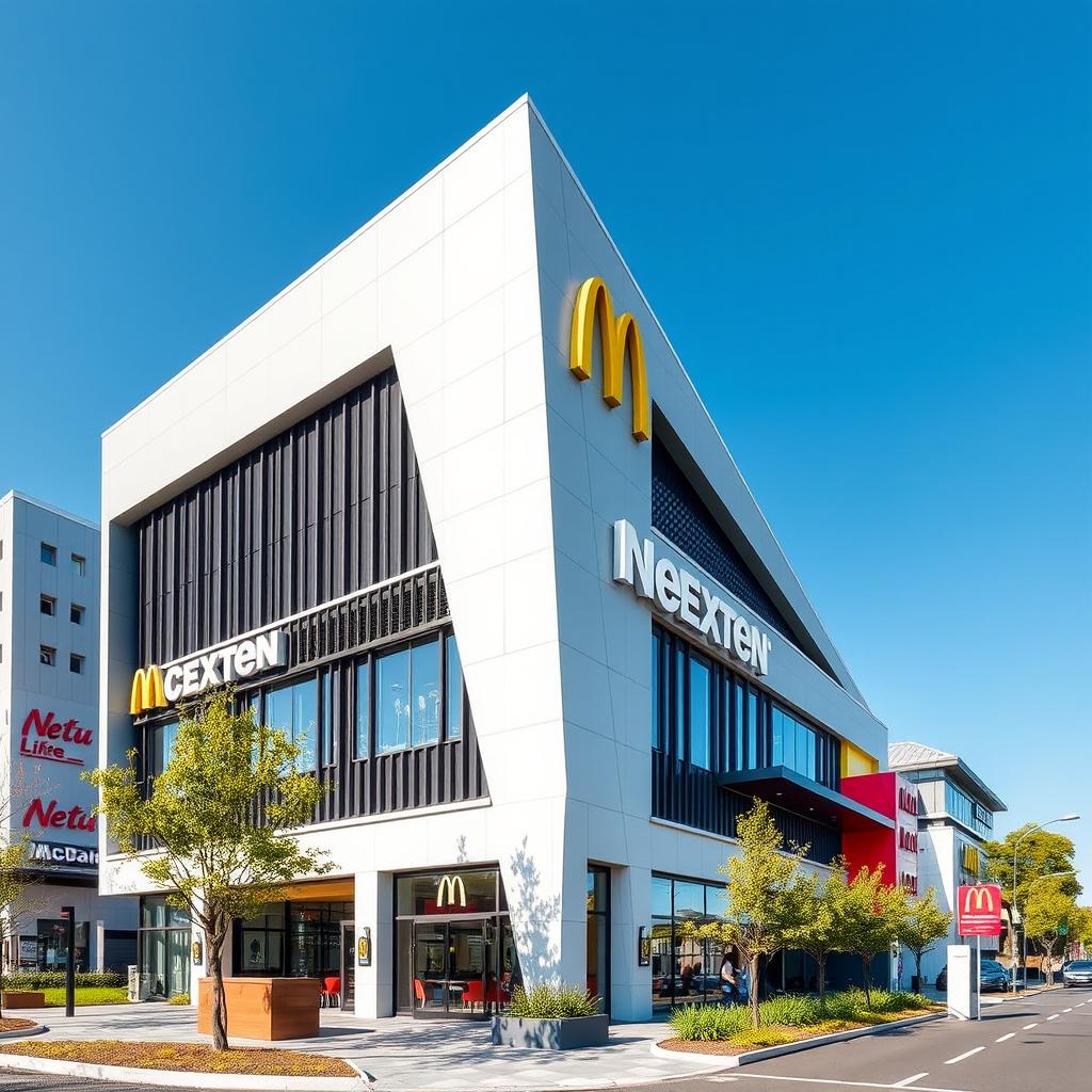 A modern architectural design of a McDonald's restaurant building named 'NEXTEN'