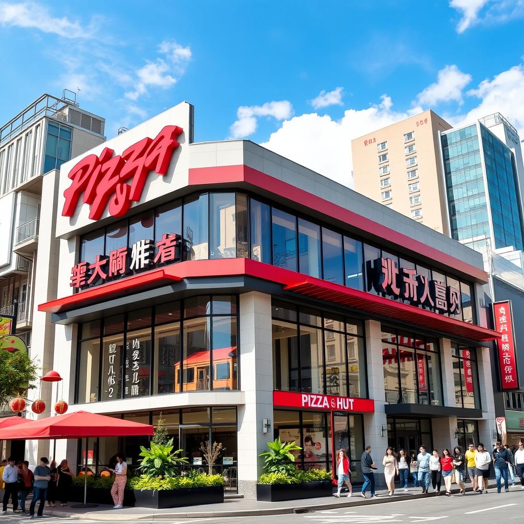 A striking Pizza Hut building located in China, showcasing a modern architectural design with large glass windows and vibrant branding elements