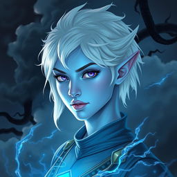In the style of Dungeons and Dragons character art, depict Maeve as a striking figure with luminous light blue skin and elegantly pointed elven ears