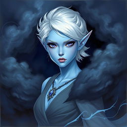 In the style of Dungeons and Dragons character art, depict Maeve as a striking figure with luminous light blue skin and elegantly pointed elven ears