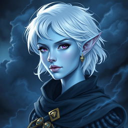 In the style of Dungeons and Dragons character art, depict Maeve as a striking figure with luminous light blue skin and elegantly pointed elven ears