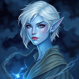 In the style of Dungeons and Dragons character art, depict Maeve as a striking figure with luminous light blue skin and elegantly pointed elven ears