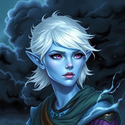 In the style of Dungeons and Dragons character art, depict Maeve as a striking figure with vibrant light blue skin and elegantly pointed elven ears