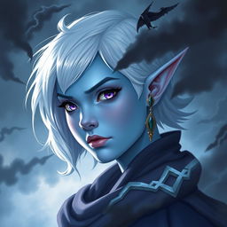 In the style of Dungeons and Dragons character art, depict Maeve as a striking figure with vibrant light blue skin and elegantly pointed elven ears