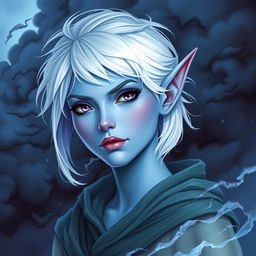 In the style of Dungeons and Dragons character art, depict Maeve as a striking figure with vibrant light blue skin and elegantly pointed elven ears