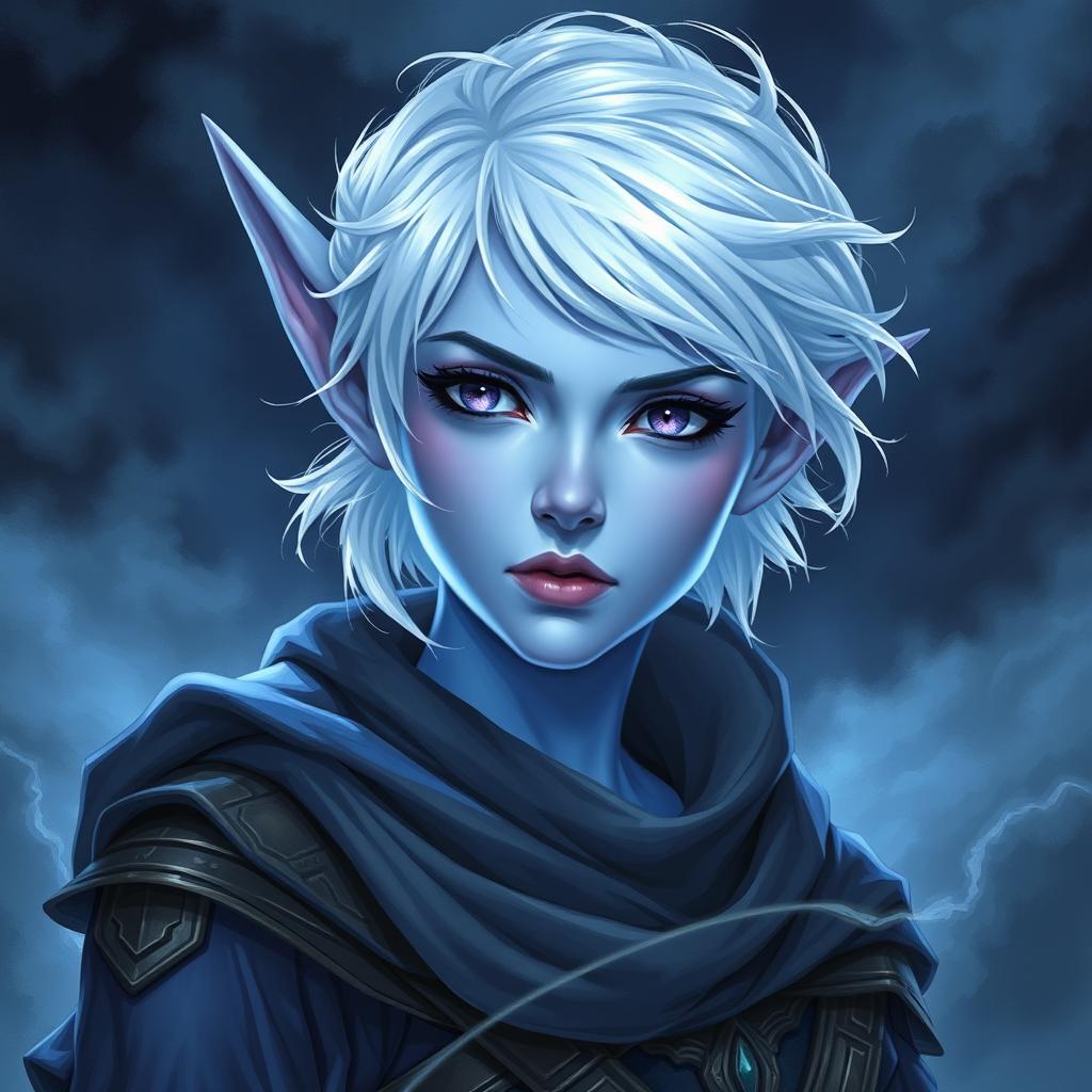 In the style of Dungeons and Dragons character art, depict Maeve as a striking figure with vibrant light blue skin and elegantly pointed elven ears