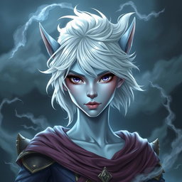 A striking elven character named Maeve with light blue skin and prominent elven ears