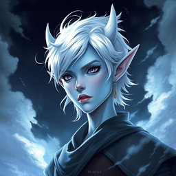 A striking elven character named Maeve with light blue skin and prominent elven ears