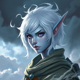A striking elven character named Maeve with light blue skin and prominent elven ears