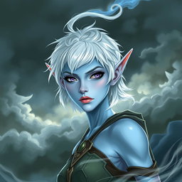 A striking elven character named Maeve with light blue skin and prominent elven ears