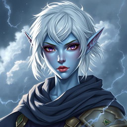 A striking elven character named Maeve with light blue skin and graceful elven ears