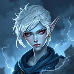 A striking elven character named Maeve with light blue skin and graceful elven ears