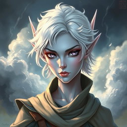 A striking elven character named Maeve with light blue skin and graceful elven ears