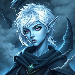 A striking elven character named Maeve with light blue skin and graceful elven ears