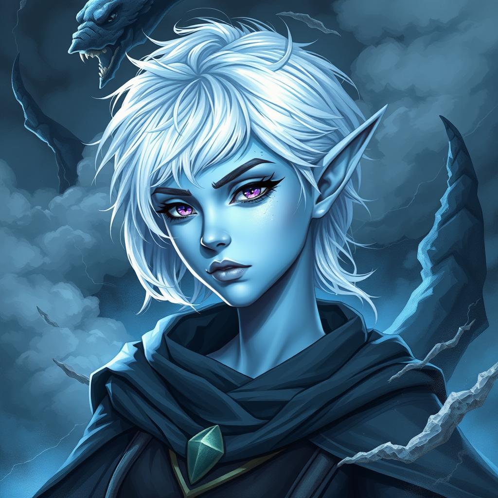 A striking elven character named Maeve with light blue skin and graceful elven ears