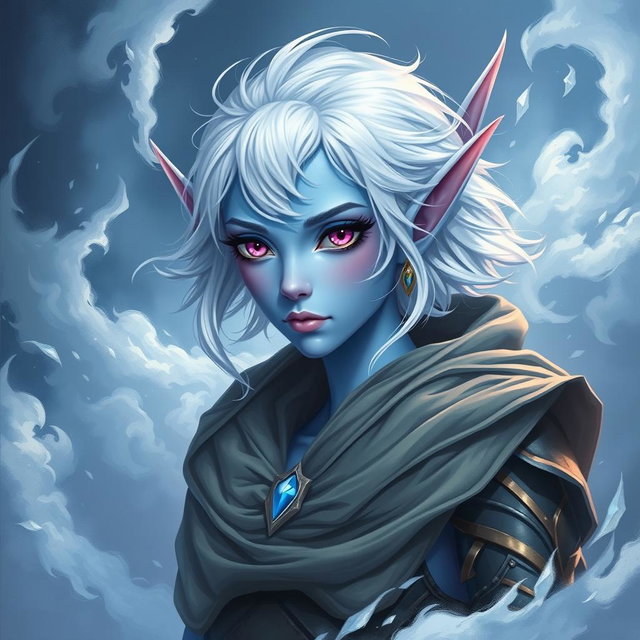 An enchanting elven character named Maeve, showcasing her striking light blue skin and elegant elven ears