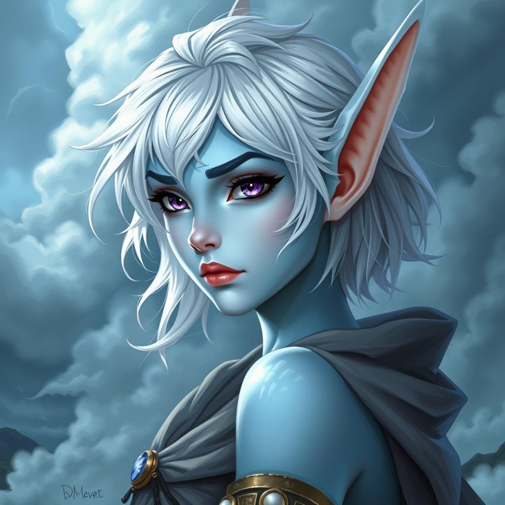 An enchanting elven character named Maeve, showcasing her striking light blue skin and elegant elven ears