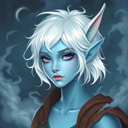 An enchanting elven character named Maeve, showcasing her striking light blue skin and elegant elven ears