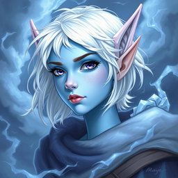 An enchanting elven character named Maeve, showcasing her striking light blue skin and elegant elven ears