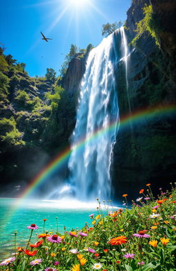 A majestic waterfall cascading down a rocky cliff into a crystal clear pool surrounded by lush green foliage