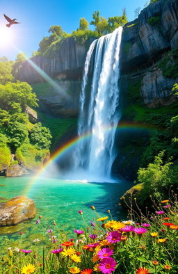 A majestic waterfall cascading down a rocky cliff into a crystal clear pool surrounded by lush green foliage